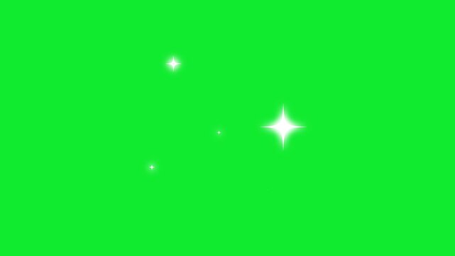 Twinkle stars glitter sparkle, white cartoon, flat, vector, doodles style stars blinking, glitter on green screen, night sky. Glowing stars sparkle on transparent background. 