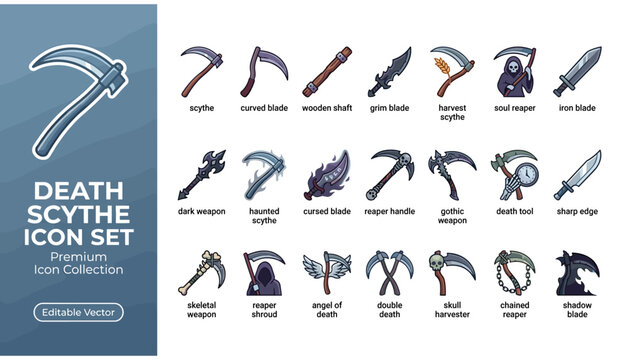 Set of death scythe icons and dark fantasy reaper blades for game design and illustration