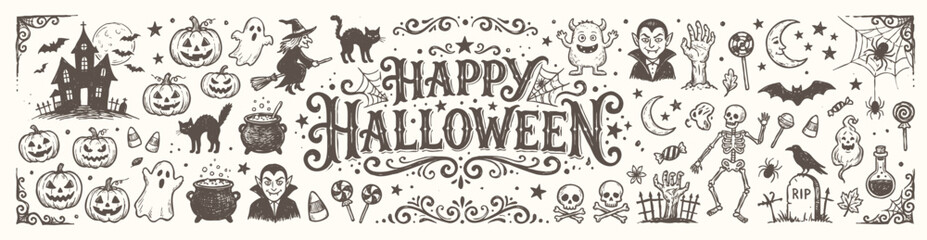 Vintage Happy Halloween greeting typography design with hand drawn holiday doodles © Avartde