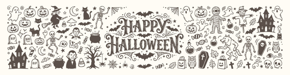 Vintage Happy Halloween greeting typography design with hand drawn holiday doodles © Avartde