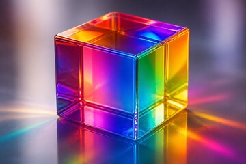 Obraz premium Colored glass cube emitting rainbow reflections on reflective surface