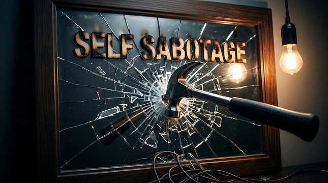 A hammer striking a glass mirror with the phrase self sabotage engraved on it representing the concept of internal conflict and personal failure, self destruction