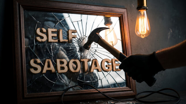 A hand wearing a black glove uses a hammer to shatter a mirror with the words self sabotage written across the glass symbolizing personal destructive behavior, sabotage