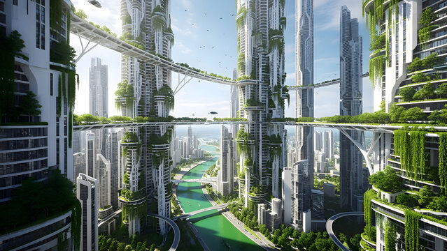 Futuristic eco cityscape with green skyscrapers elevated walkways and serene waterways under a bright blue sky