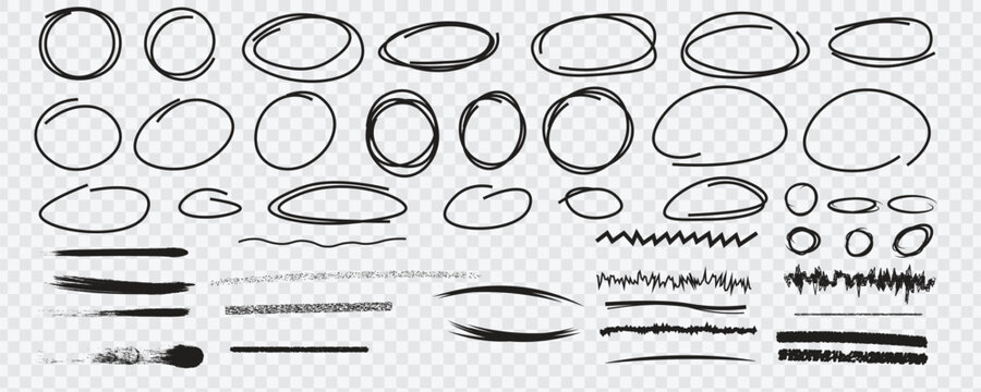Hand drawn black pen collection showing round circle underline marks with doodle lines and strokes. Bundle of highlight text and scribble oval line. Vector set kit on like transparent png bg
