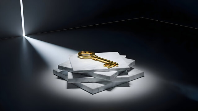Golden key on a stack of puzzle pieces in a dark room with spotlight