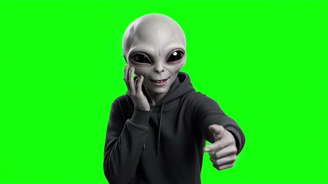 Realistic 3D alien pointing right doing facepalm gesture, frustrated mistake sci-fi presentation concept isolated on chroma key green screen background