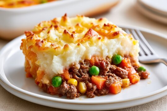 Slice of shepherd's pie on a white ceramic plate, showcasing layers of mashed potatoes, ground beef, and mixed vegetables, with a fork resting beside it