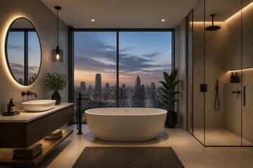 Fototapeta premium Freestanding bathtub overlooking city skyline from modern bathroom