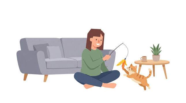 Woman plays with cat using laser pointer in living room at home