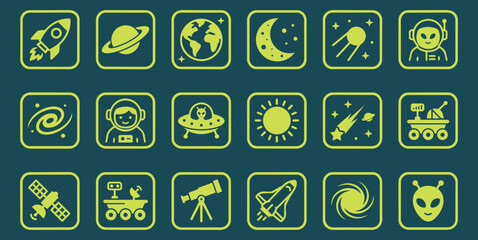 Outer Space and Astronomy Icons Set. Vector Galaxy, Alien, Astronaut, and Cosmic Exploration Elements in Square Frames. © Rifat22