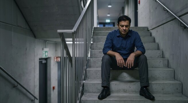 Middle aged Indian tech supervisor sitting on stairs in dark office building. Exhausted businessman resting in concrete stairwell. Corporate burnout and mental stress concept