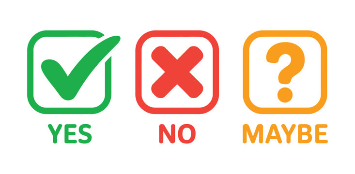 Yes, no, maybe sign icon set, checkmark, cross, and question mark symbols for voting, decision making, forms, and user interface design.