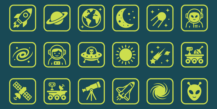 Outer Space and Astronomy Icons Set. Vector Galaxy, Alien, Astronaut, and Cosmic Exploration Elements in Square Frames.