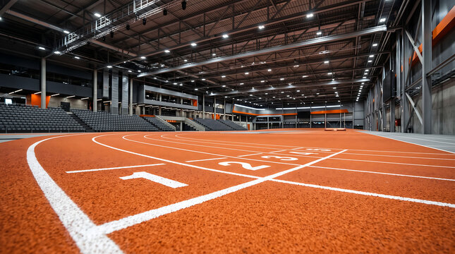Wide view of indoor running track in modern sports arena with athletics athletic training competition runningtrack runningcourt activity textured professional