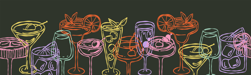 Whimsical Hand-drawn cocktail border, doodle glass art sketch for poster, sticker, greeting card, menu, invitation, postcard, bar and party. © Yelyzaveta Kovalenko
