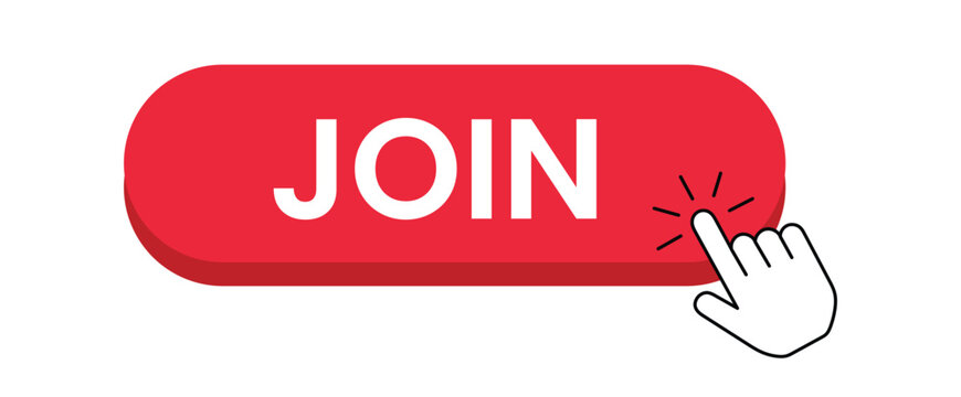 Red button with white text and a pointing hand a flat vector illustration click join digital interface element
