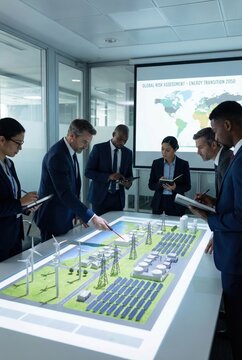Business team analyzing renewable energy project model in boardroom