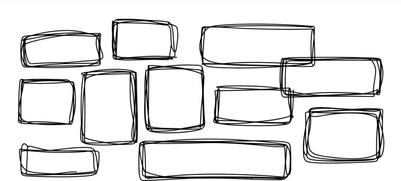 Irregular hand-drawn rectangular frames and boxes on white rectangle square