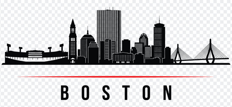 Boston skyline silhouette with famous landmarks, cityscape, and text