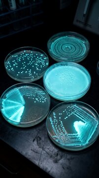 Bioluminescent Bacteria Petri Dish Colony Glowing Dark Laboratory Microbiology Science