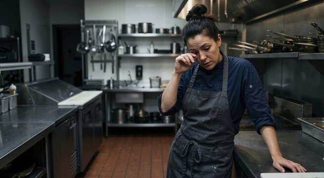 Exhausted female chef wiping eye in dark commercial kitchen. Tired woman leaning against stainless steel counter. Burnout and hard physical labor concept