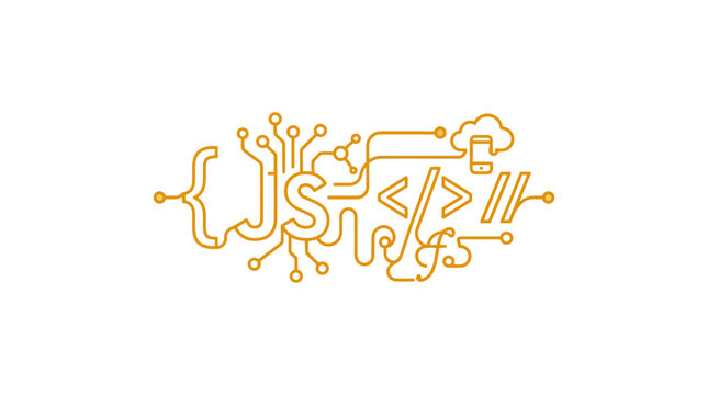 JavaScript JS logo with golden circuit patterns.