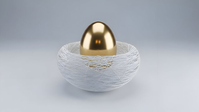Golden egg in a delicate white ceramic nest bowl on a light grey background symbolizing luxury and simplicity