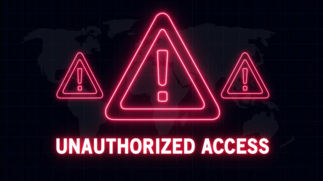 Cyber security alert warning featuring glowing red neon unauthorized access text and hazard triangle symbols over a digital global map background, for network protection, and data breach concepts