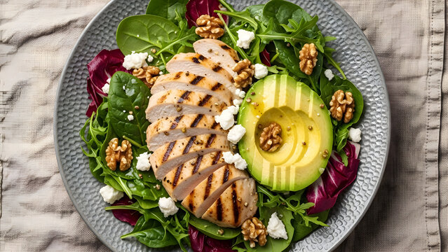 Grilled chicken breast on mixed greens salad with avocado walnuts and feta cheese served on a textured plate