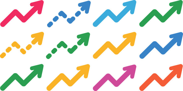 Set of colorful upward trending graph and arrow icons on white growth