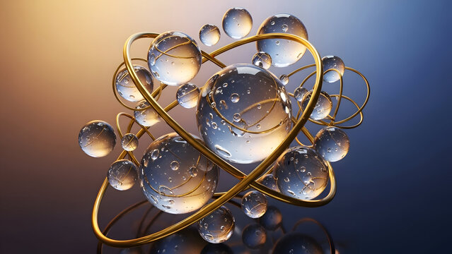 Glowing glass orbs in golden atomic structure against gradient background symbolizing science and innovation
