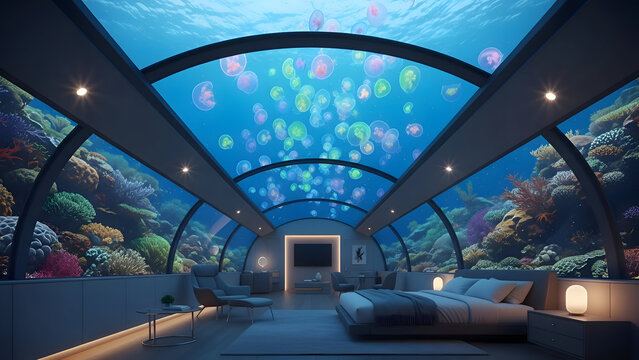 Luxurious underwater bedroom suite with ocean view coral reef and school of fish modern design and ambiance
