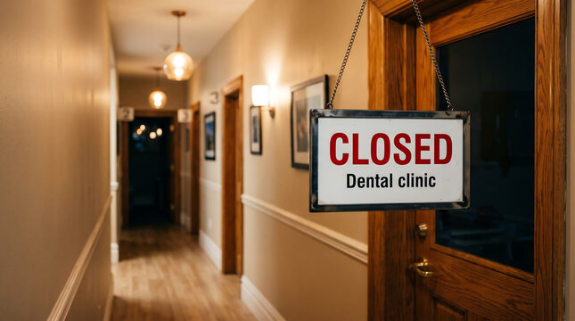 Closed dental clinic sign hanging on chain door in hallway interior, concept of medical practice temporarily shut down, service suspension for patients.