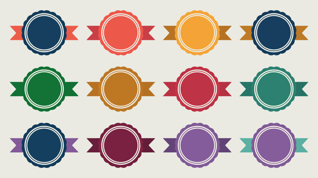 Twelve Circular Badges with Ribbons in Various Colors on Light Background rosette