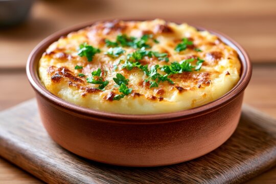 Individual shepherd's pie served in a rustic brown dish on a wooden cutting board, topped with fresh green parsley, showcasing a golden-brown crust and creamy mashed potatoes