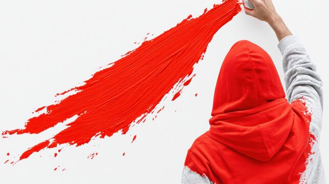 Hooded street artist in red sweatshirt painting a vibrant red stroke on a blank wall, seen from behind, showcasing urban art and creativity in an outdoor setting