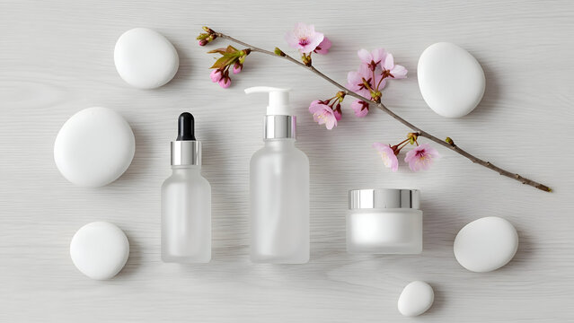 Skincare products and cherry blossom on white background symbolizing natural beauty and wellness