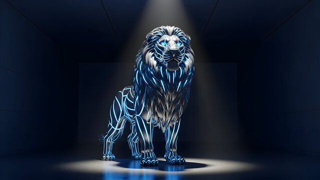 Majestic blue lion sculpture stands under spotlight illuminated with neon lines on dark background symbolizing power and creativity in modern art
