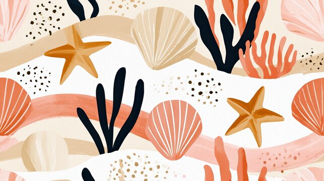 Seamless bohemian coastal pattern featuring stylized seashells, starfish, and coral elements in warm tones on a light background for decorative use