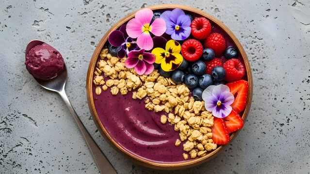 Delicious acai bowl with mixed berries granola and edible flowers on a gray background healthy breakfast concept with a spoon