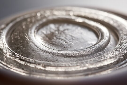 Close-up of a metallic objects circular depression, reflecting light.