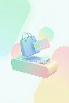 Shopping bag and credit card with payment terminal in pastel colors