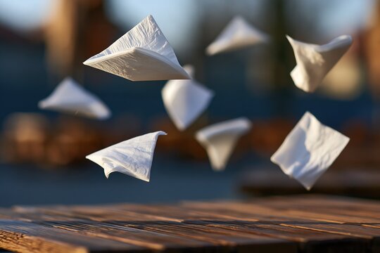 Paper Airplanes Hovering Above Wooden Surface