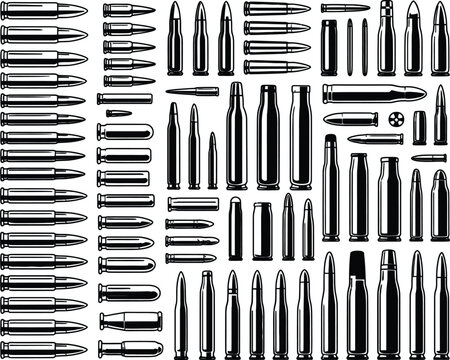 Ammunition variety detailed black and white illustration of rifle and handgun cartridges