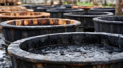 Fototapeta premium Rows of large weathered wooden barrels filled with dark liquid sit outdoors in a rustic setting