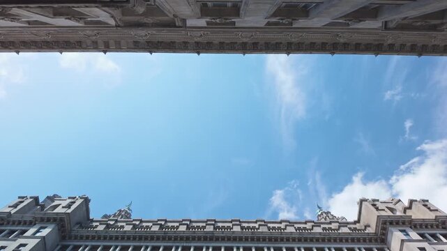 Low angle pan up architecture of Royal Liver Building Liverpool