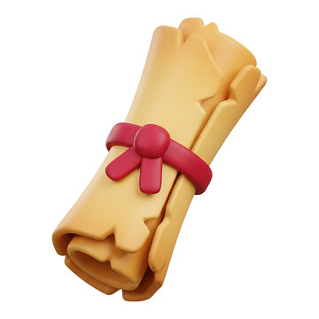3D rolled diploma scroll tied with red ribbon bow, glossy certificate icon for graduation achievement, education award and academic success concept