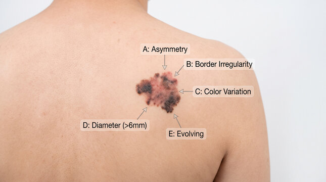 Back skin with melanoma lesion showing asymmetric irregular border multi-colored dark mole, skin cancer awareness ABCDE dermatology concept