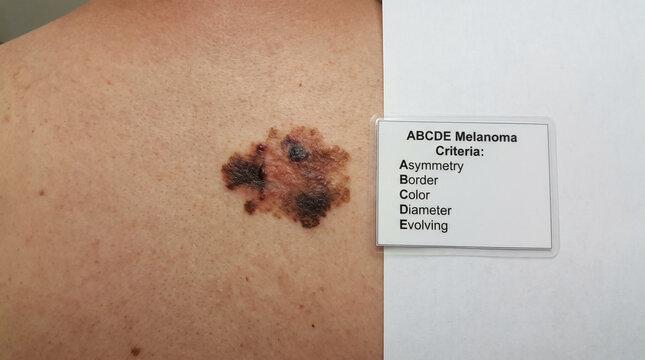 Back skin with melanoma lesion showing asymmetric irregular border multi-colored dark mole, skin cancer awareness ABCDE dermatology concept
